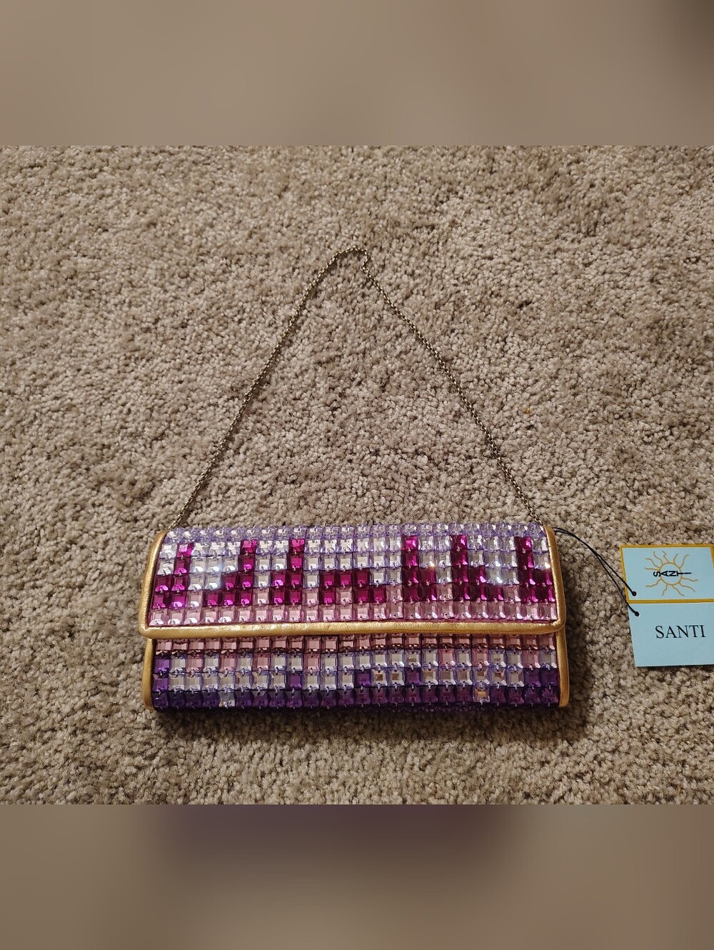 SANTI Pink & Purple Gemstone Evening Flap Clutch with Gold Trim